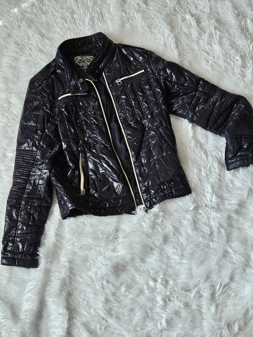 Scotch & Soda Quilted Black Bomber Jacket with Cream Trim
